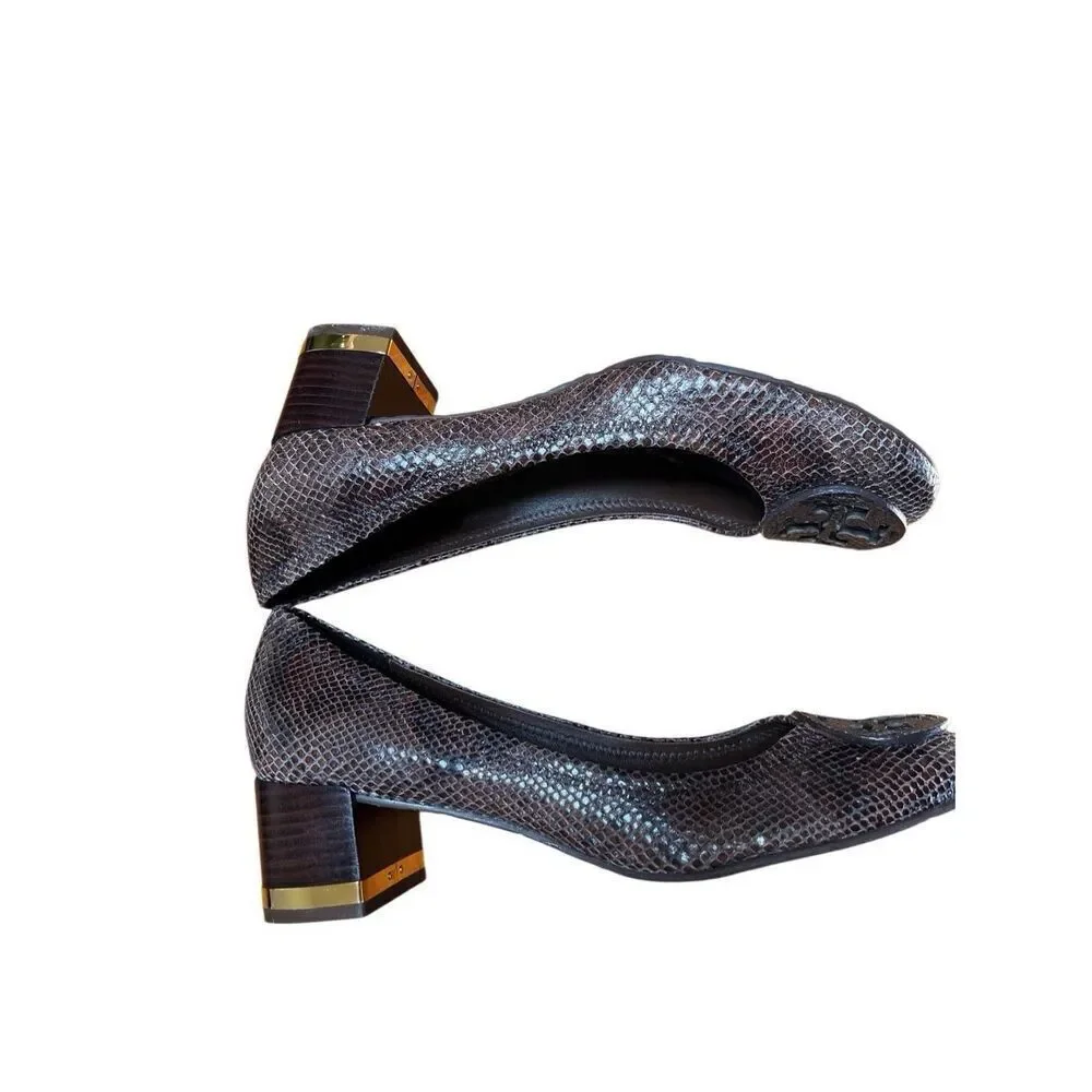 NWOB Tory Burch Amy Brown Snake Skin Leather Block Low Heels 10.5 US